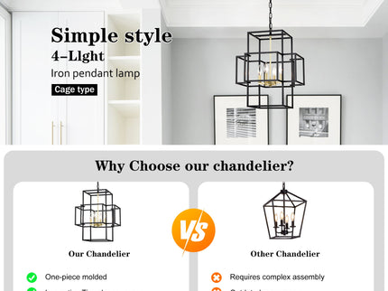 4 Light Metal Lantern Tiered Pendant Hanging Light Fixtures, Industrial Farmhouse Adjustable Height Chandeliers For Dining Room Hallway Foyer Entryway (E12 Bulbs Not Included)