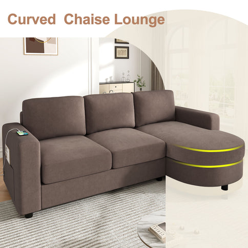 Modern L-Shaped Sectional Sofa With Curved Chaise, USB Ports, And Side Storage Pockets