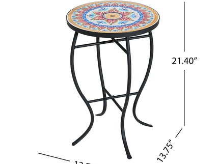 Outdoor Round Side Table With Mosaic Style Top And Curved Iron Legs
