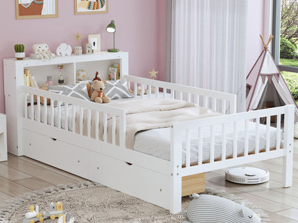 Bed With Headboard Storage Rack, 2 Under Bed Drawers, 3 Side Guardrails For Safety