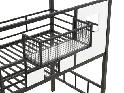 Metal Loft Bed With Roof Design And Storage Box With Guardrails And Integrated Ladder