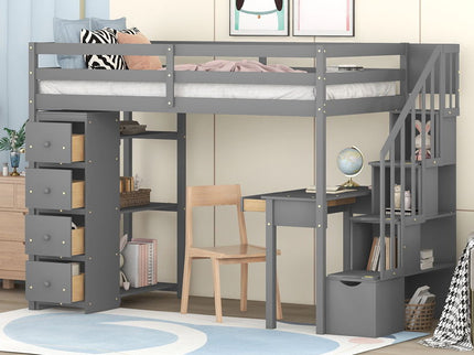 Loft Bed With Storage Drawers, Desk And Stairs With Shelves