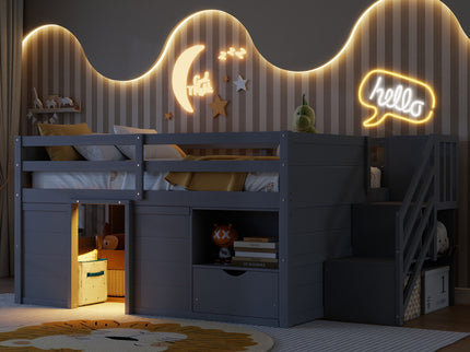 Low Loft Bed Frame With Built In Stairs, Storage Drawer, Shelf And 7 Color LED Light