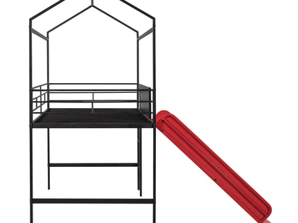 Twin Metal Loft Bed With Slide And 2 Sided Writable Wooden Board - Black