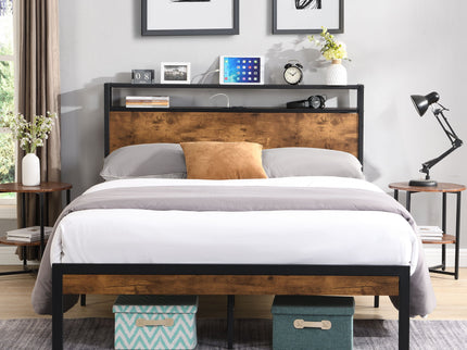 Metal Platform Bed Frame With Wooden Headboard And Footboard With USB Liner, No Box Spring Needed, Under Bed Storage