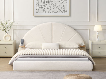 Queen Arched Bed With Small Table, Floor Standing Design - Beige