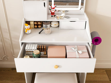 3 Color LED Vanity Mirror With Stool, 2 Drawers & 5 Storage Cabinets, Adjustable Lighting - White