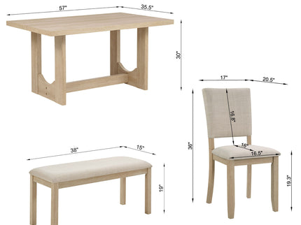 6 Piece Rectangular Kitchen Table Set With Bench And 4 Upholstered Chairs For Kitchen - Light Oak