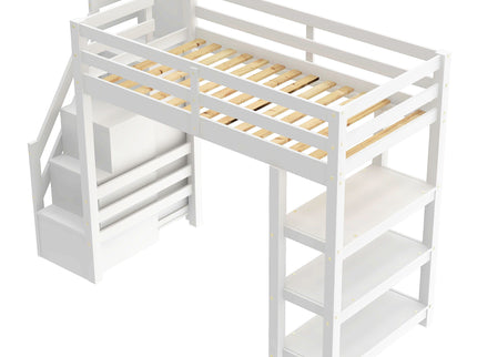 Loft Bed With 4 Layer Shelves, Storage Staircase, Small Wardrobe And LED Light