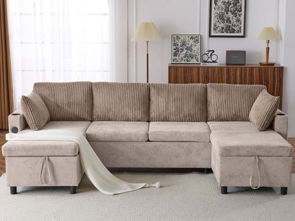 Sectional Sofa Bed With Pull Out Sleeper, USB Ports, Cup Holders
