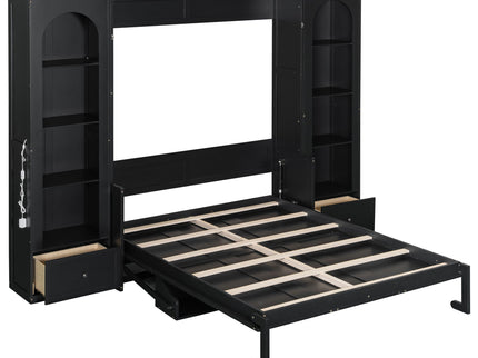 French Style Murphy Platform Bed With Shelf, Side Cabinets, Drawers And LED