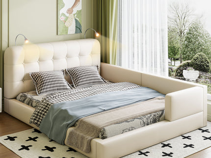 Queen Size Upholstered Platform Bed With 2 Reading Lights - White