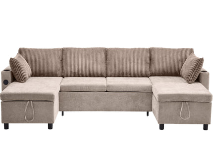 Sectional Sofa Bed With Pull Out Sleeper, USB Ports, Cup Holders
