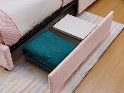 Upholstered Bed With Oversized Rabbit Ear Headboard, LED Lights & 4 Storage Drawers