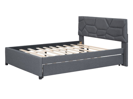 Upholstered Platform Bed With Brick Pattern Headboard And Twin Long Size Trundle