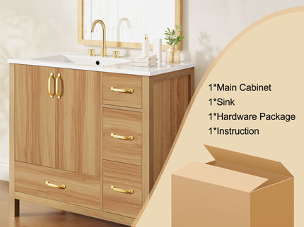 36" Bathroom Vanity, 2 Soft Close Doors, 4 Soft Close Drawers, Adjustable Shelf, Storage Cabinet - Acacia Wood