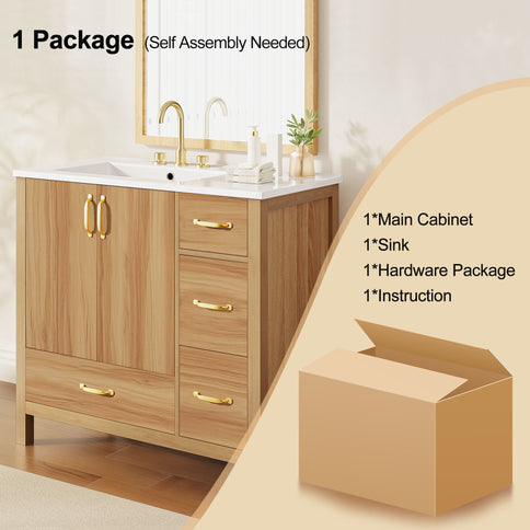 36" Bathroom Vanity, 2 Soft Close Doors, 4 Soft Close Drawers, Adjustable Shelf, Storage Cabinet - Acacia Wood