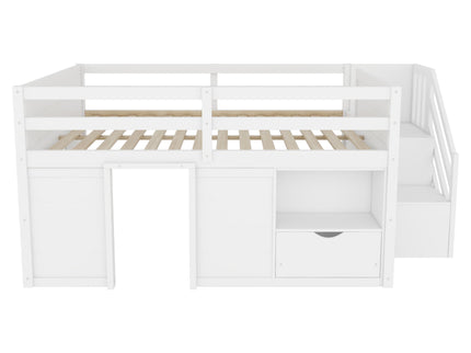 Low Loft Bed Frame With Built In Stairs, Storage Drawer, Shelf And 7 Color LED Light