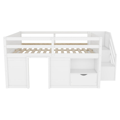 Low Loft Bed Frame With Built In Stairs, Storage Drawer, Shelf And 7 Color LED Light