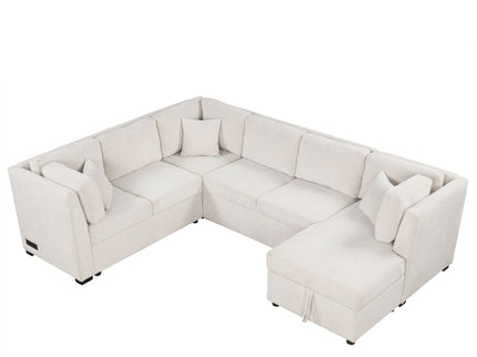 U-Shaped Sectional Sofa Pull Out Sofa Bed With Two USB Ports, Two Power Sockets, Three Back Pillows And A Storage Chaise For Living Room