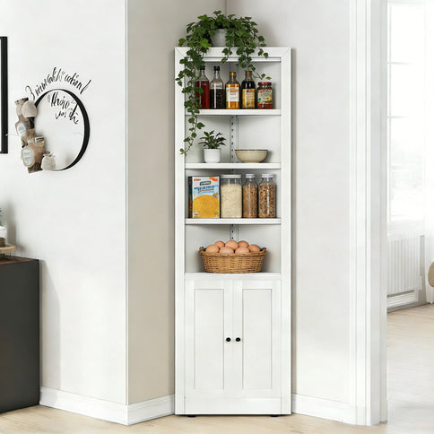 Tall Corner Storage Cabinet With 2 Doors, 5-Tier With Adjustable Shelve, Freestanding - White
