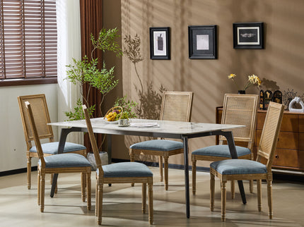French Country Dining Chair With Rectangular Cane Backrest And Smooth Upholstered Seating