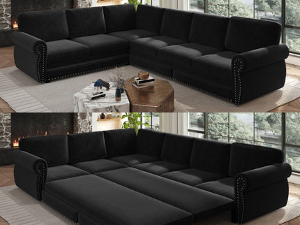 L-Shaped Sofa Couch With Pull Out Bed With Nailhead Trim & Rolled Arm