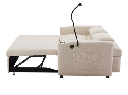 Convertible Sofa Bed Loveseat Sofa With Three USB Ports, Two Side Pockets, Two Cup Holders And 360° swivel Phone Holder For Living Room