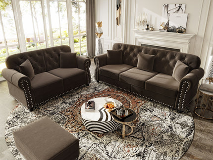 Upholstered Sofa Set With Nailhead Trim And Rolled Armrests, Includes Pillows