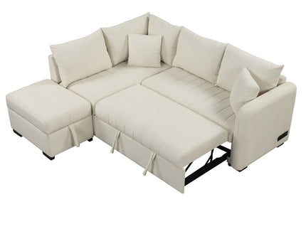 L-Shaped Sectional Pull Out Sofa Bed Sleeper Sofa With Two USB Ports, Two Power Sockets And A Movable Storage Ottoman