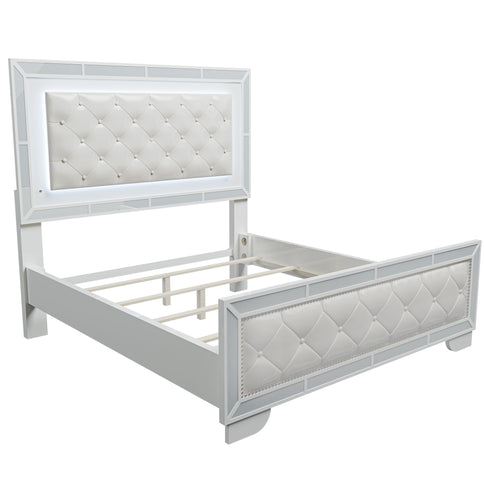 Eastern King Size Bed With LED Lights And Mirror Trim - Cream / Ivory