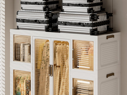 Portable Wardrobe Closet Storage Organizer For Clothes With Magnetic Doors, 12 Cubes & 2 Hanging Rods - White