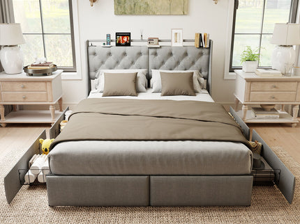 Platform Bed Frame With RGB LED Lights, Charging Station, Storage Headboard & 4 Underbed Drawers