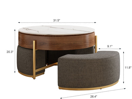 Lift Top Round Coffee Table With Hidden Storage, 3 Upholstered Nesting Ottomans - Brown / Gray / Golden / White