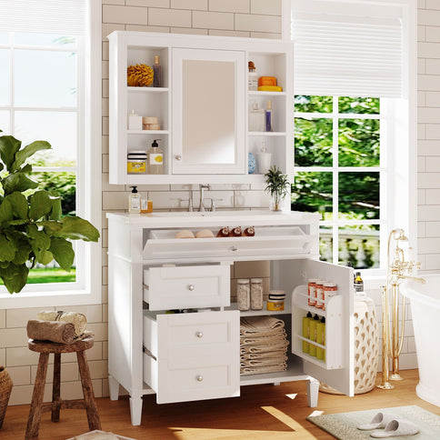 Bathroom Vanity With Mirror Cabinet, Storage Cabinet With 2 Soft Closing Doors And 4 Drawers, Undermount Sink