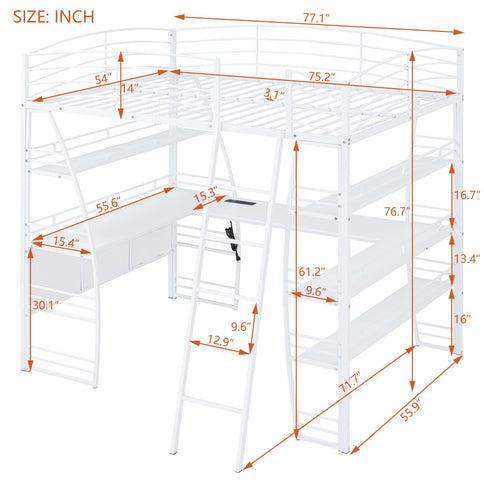 Loft Bed With 4 Layers Of Shelves And L-Shaped Desk, Stylish Metal Frame Bed With A Set Of Sockets, USB Ports And And Wireless Charging