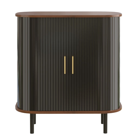 Fluted Wine Bar Cabinet With 8 Grid Wine Rack, 5 Level Adjustable Shelves, 2 Glass Holders