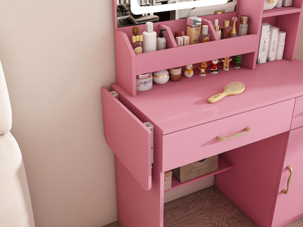 Vanity Desk With LED Mirror Lights And Power Outlet Charging Station, 3 Drawers, 7 Shelves, Storage Stool - Pink