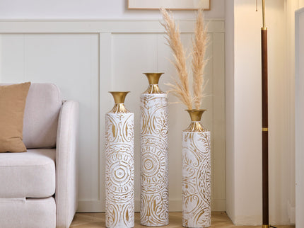 Floor Metal Vases Decorated Metal Vases (Set of 3) Gorgeous Home Decoration Large Glazed Metal Vases - White / Gold