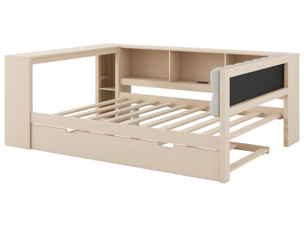 Upholstered Headboard Platform Bed With Storage Shelves, Trundle, Charging Station