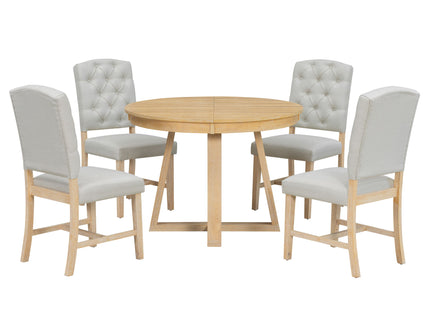 Dining Set With Leaf Round Table And 4 Upholstered Chairs