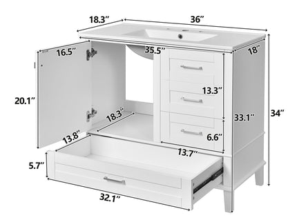 Bathroom Vanity, Modern Bathroom Cabinet With Sink Combo Set, Bathroom Storage Cabinet With A Soft Closing Door And 3 Drawers, Solid Wood Frame