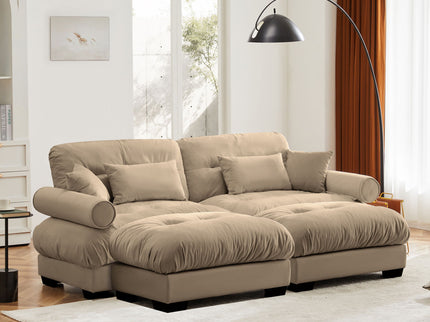 Modern Sectional Sofa With Ottoman, Round Bolster Armrests, Waist And Throw Pillows