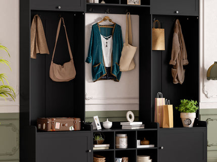 Wide Hall Tree With Shoe Storage, 4 In 1 Entryway Bench With 8 Cubbies, 7 Coat Hooks & Adjustable Shelf For Hallway - Black