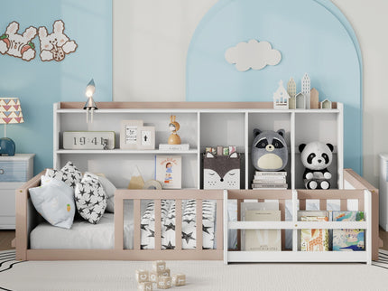 Platform Bed Frame With Guardrail, Storage Shelves & Bookshelf