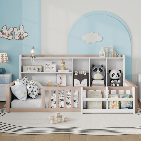 Platform Bed Frame With Guardrail, Storage Shelves & Bookshelf