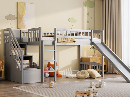 Loft Stairway Bed With 2 Drawers, Convertible Ladder And Slide