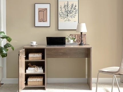 Home Office Desk Hazelnut One Cabinet Three Shelves Faux Barn Door On Metal Euro Hinges Modesty Panel - Light Brown