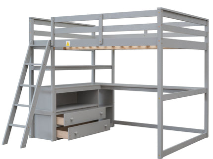 Modern Loft Bed With Built In Desk, Shelves, And 2 Drawers