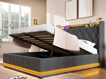 Upholstered Bed, 360 Surround LED Function, Remote Control, Hydraulic Storage Bed With USB, Type-C Charging (Without Mattress)